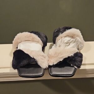 Vivienne Hu Cozy Black and Cream Fur Slippers